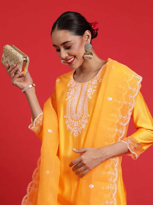 Indo Era Yellow Embroidered Straight Kurta Trousers With Dupatta Set