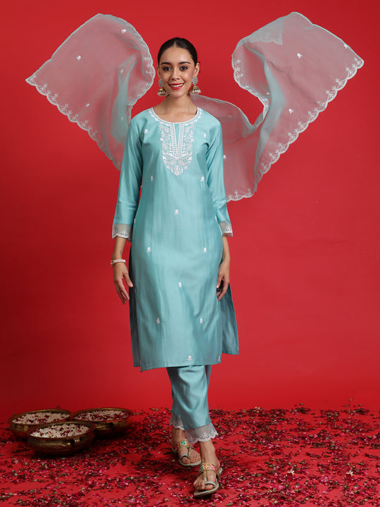 Indo Era Sea Green Embroidered Straight Kurta Trousers With Dupatta Set