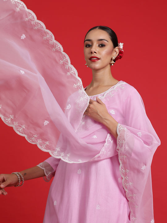 Indo Era Lavender Embroidered Straight Kurta Trousers With Dupatta Set