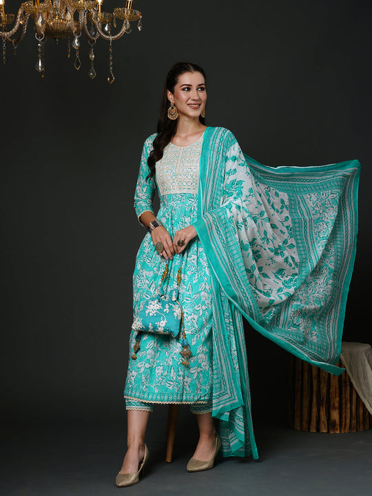 Indo Era Sea Green Embroidered A-Line Kurta Trousers With Dupatta Set