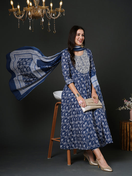 Indo Era Blue Embroidered A-Line Kurta Trousers With Dupatta Set