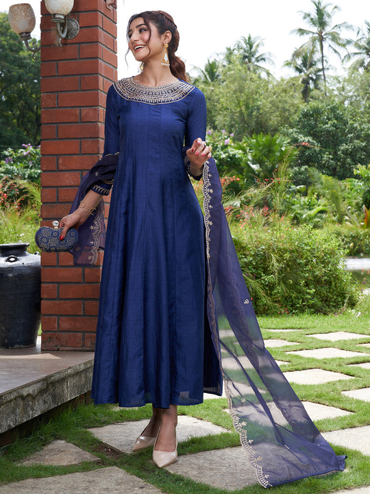 Indo Era Blue Embroidered A-line Kurta With Dupatta Set