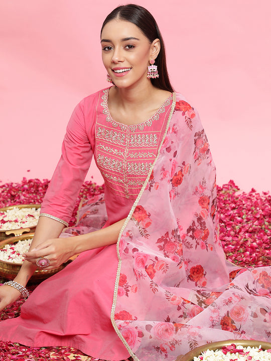 Indo Era Pink Embroidered Straight Kurta Trousers With Dupatta Set