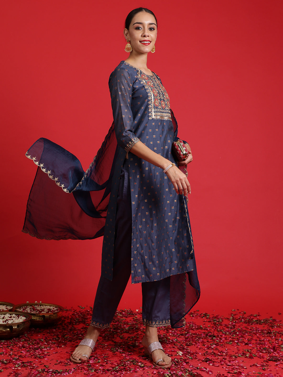 Indo Era Purple Embroidered Anarkali Kurta Trousers With Dupatta set