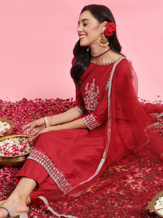 Indo Era Red Embroidered Straight Kurta Trousers With Dupatta Set