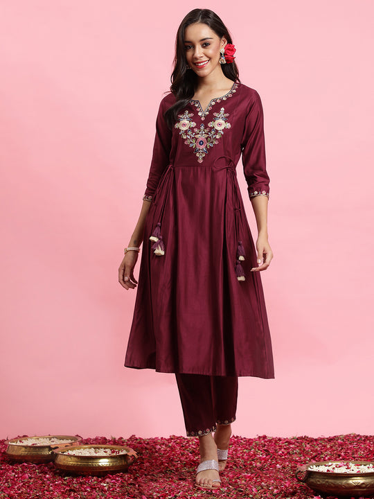 Indo Era Burgundy Embroidered A-Line Kurta Trousers Set