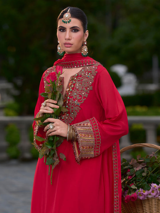 Indo Era Red Embroidered A-Line Kurta Salwar With Dupatta Set