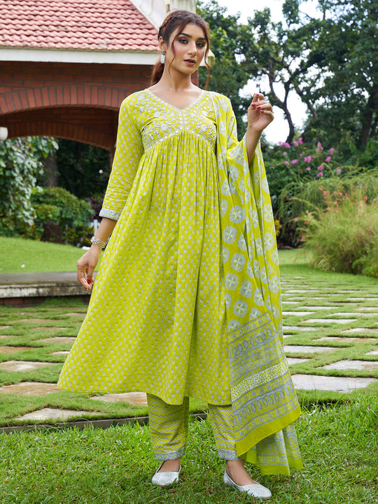 Indo Era Green Embroidered A-Line Kurta Trousers With Dupatta Set