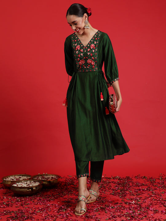 Indo Era Green Embroidered A-Line Kurta Trousers Set