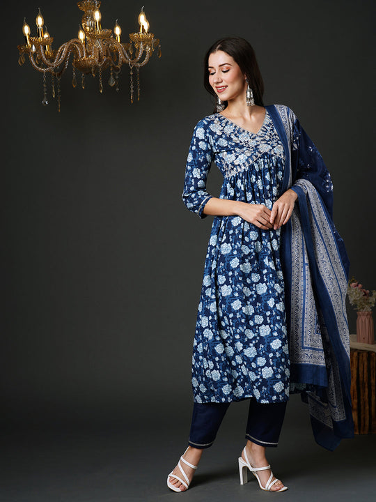 Indo Era Blue Embroidered A-Line Kurta Trousers With Dupatta Set