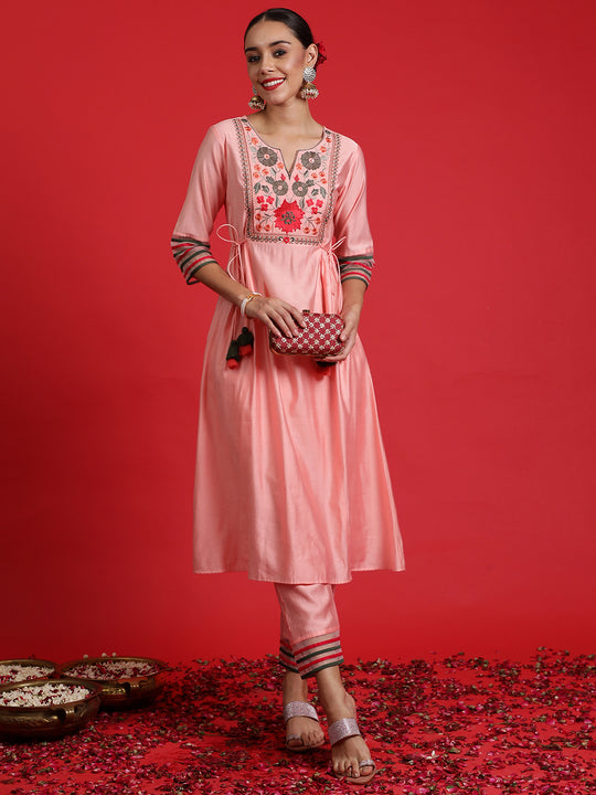 Indo Era Pink Embroidered A-Line Kurta Trousers Set