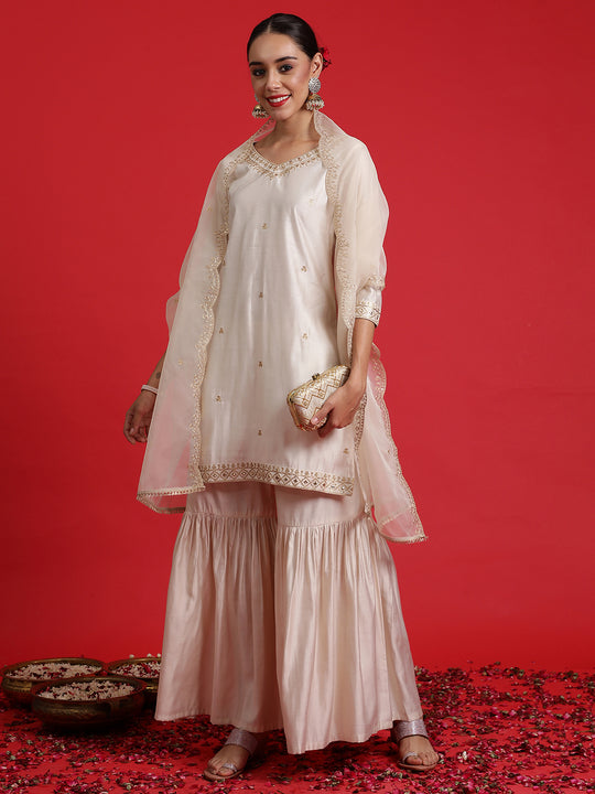 Indo Era Off White Embroidered Straight Kurta Sharara With Dupatta Set