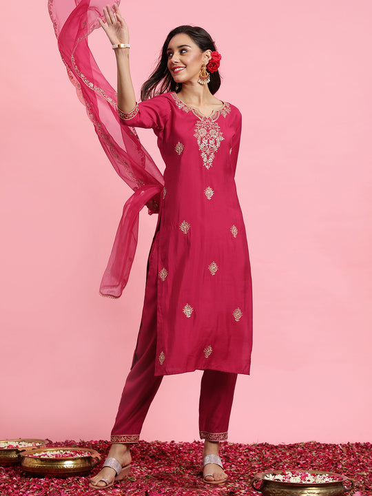 Indo Era Pink Embroidered Straight Kurta Trousers With Dupatta Set
