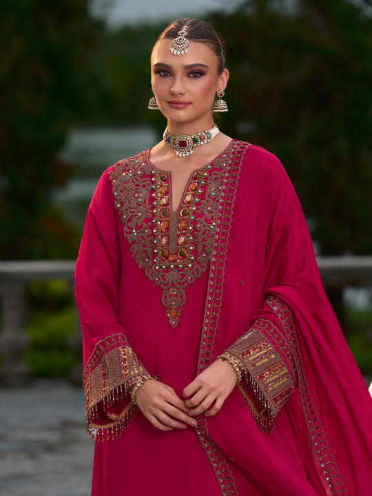 Indo Era Pink Embroidered A-Line Kurta Salwar With Dupatta Set