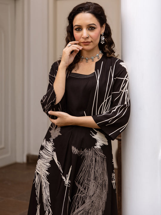 Black Printed Straight Kurta Trousers set