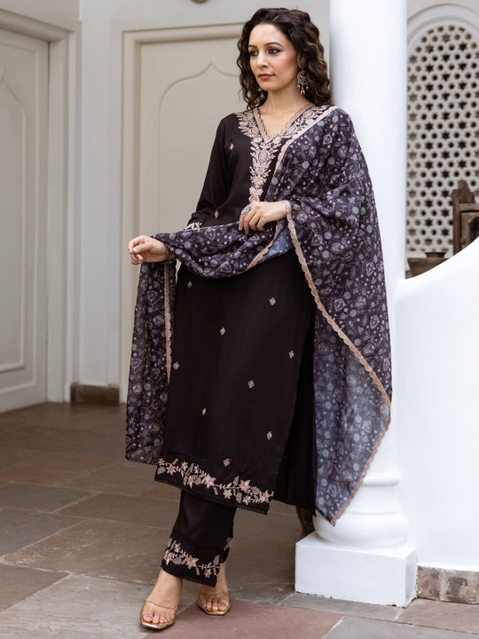 Indo Era Black Embroidered Straight Kurta Trousers With Dupatta Set