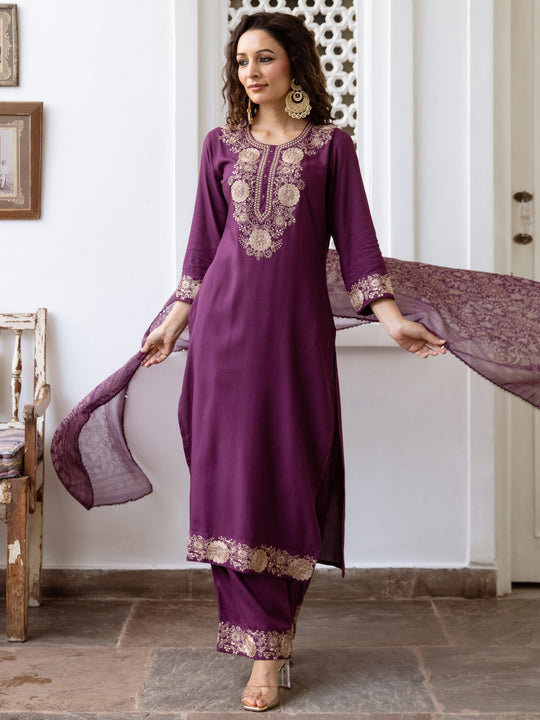 Indo Era Purple Embroidered Straight Kurta Trousers With Dupatta Set