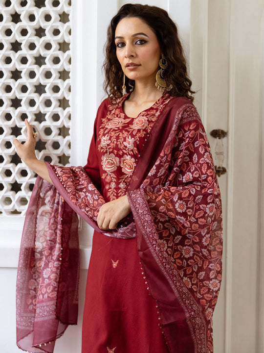 Indo Era Maroon Embroidered Straight Kurta Trousers With Dupatta Set
