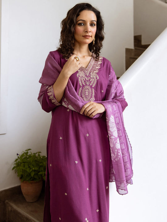 Indo Era Lavender Embroidered Straight Kurta Trousers With Dupatta Set