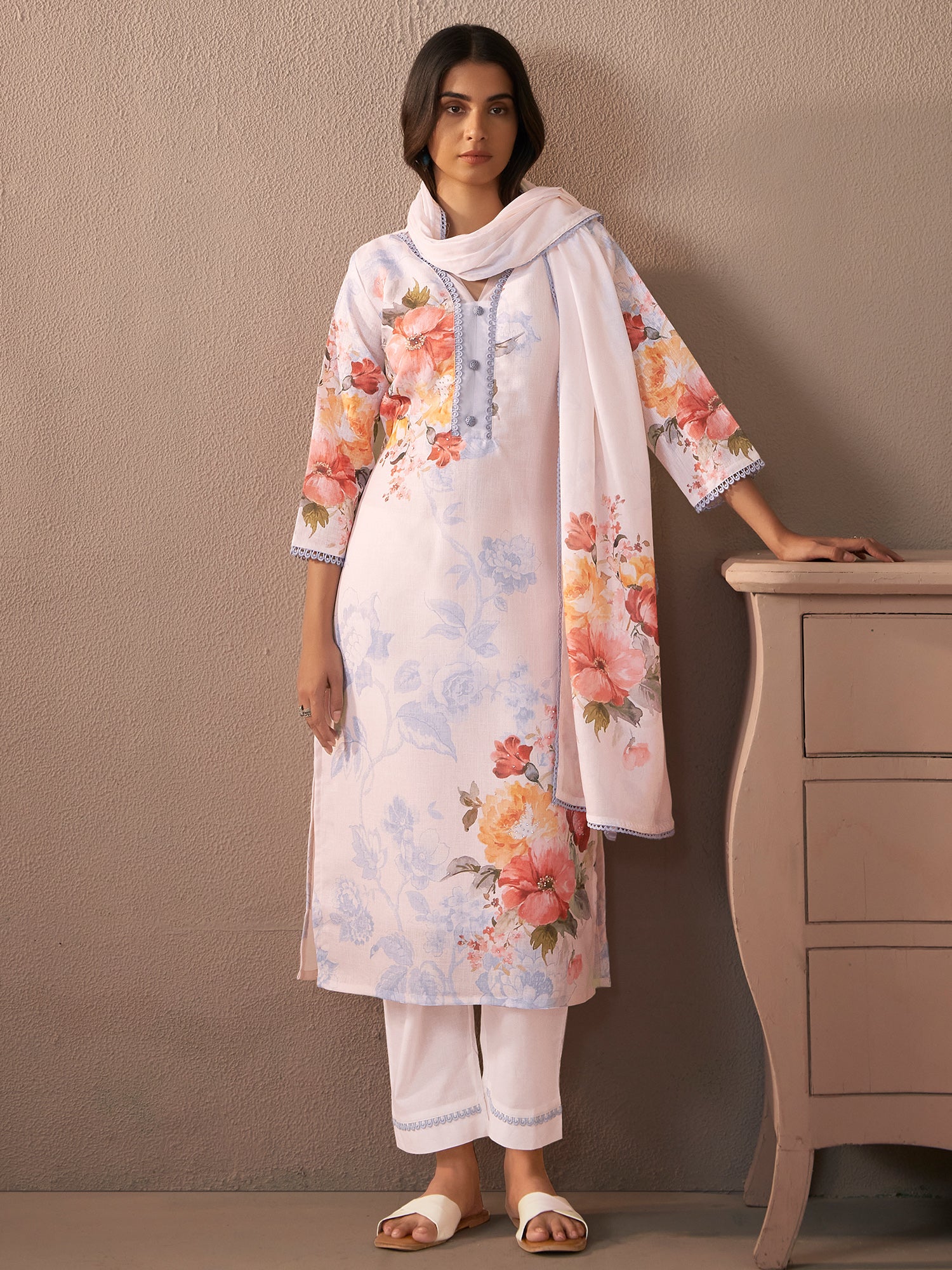 indo era, suit, kurta set for women, indo era kurta, kurta sets for ladies, summer dresses for women, 3 piece suit, cotton kurta set for women, new arrivals, women kurti plazo set, women in suit, kurta suit, floral kurta, short suit, spring summer, White suit