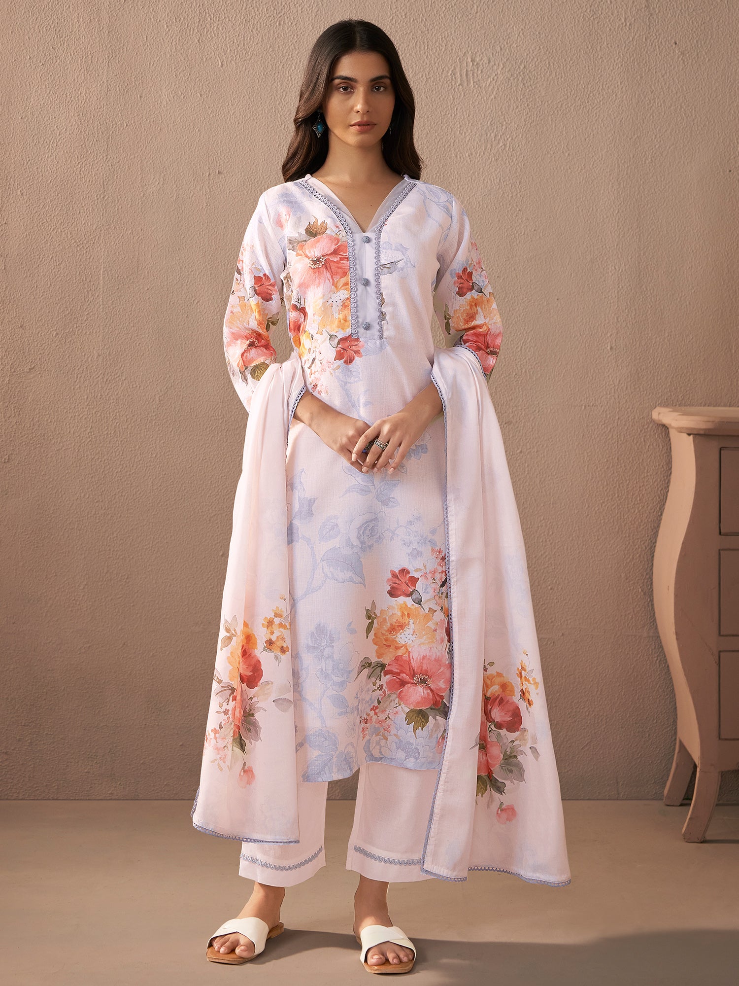 indo era, suit, kurta set for women, indo era kurta, kurta sets for ladies, summer dresses for women, 3 piece suit, cotton kurta set for women, new arrivals, women kurti plazo set, women in suit, kurta suit, floral kurta, short suit, spring summer, White suit