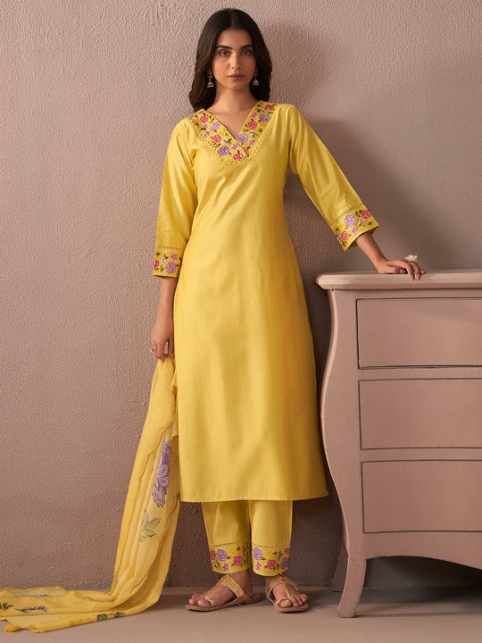 Indo Era Yellow Embroidered Straight Kurta Trousers With Dupatta Set