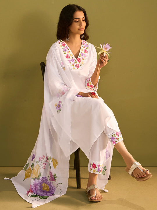 Indo Era White Embroidered Straight Kurta Trousers With Dupatta Set