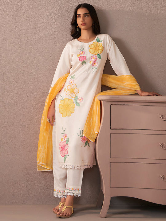 Indo Era White Embroidered Straight Kurta Trousers With Dupatta Set