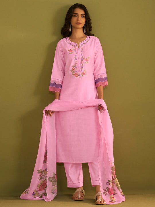 Indo Era Pink Embroidered Straight Kurta Trousers With Dupatta Set