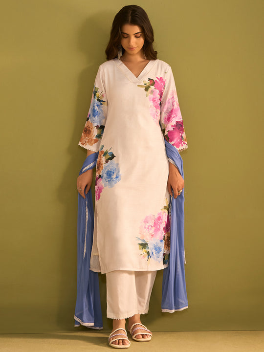 Indo Era Off White Printed Straight Kurta Trousers With Dupatta Set