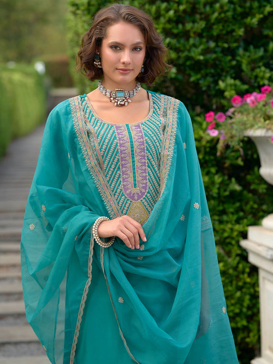Blue Embroidered Straight Kurta Trousers With Dupatta