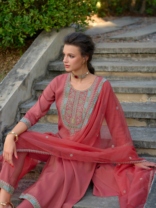 Indo Era Rust Embroidered Straight Kurta Trousers With Dupatta Set