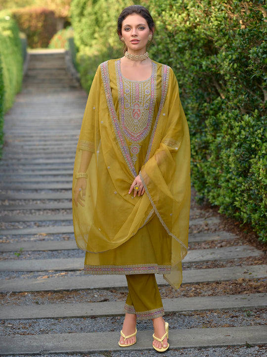 Indo Era Yellow Embroidered Straight Kurta Trousers With Dupatta Set