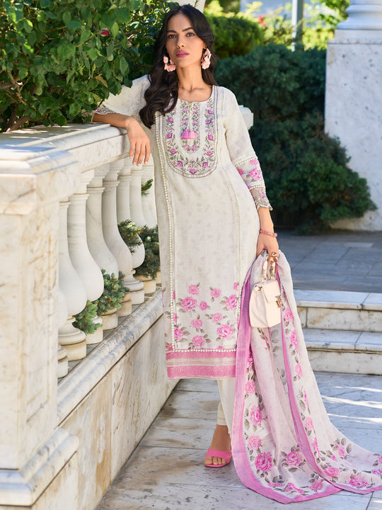 White Embroidered Straight Kurta Trousers With Dupatta