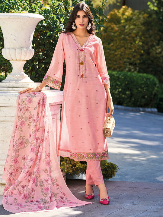 Indo Era Pink Embroidered Straight Kurta Trousers With Dupatta Set