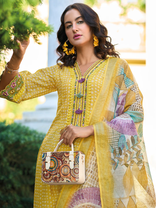 Indo Era Yellow Embroidered Straight Kurta Trousers With Dupatta Set