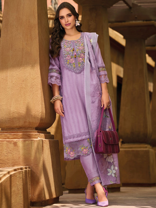 Indo Era Purple Embroidered Straight Kurta Trousers With Dupatta Set