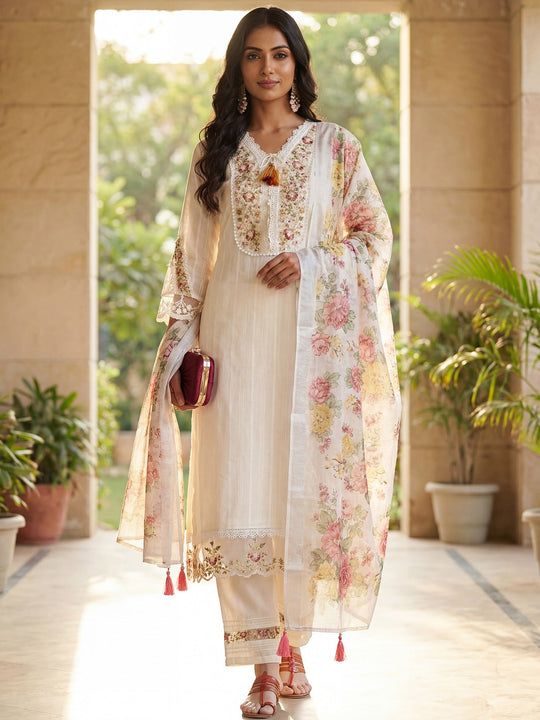 Indo Era White Embroidered Straight Kurta Trouser With Dupatta Set