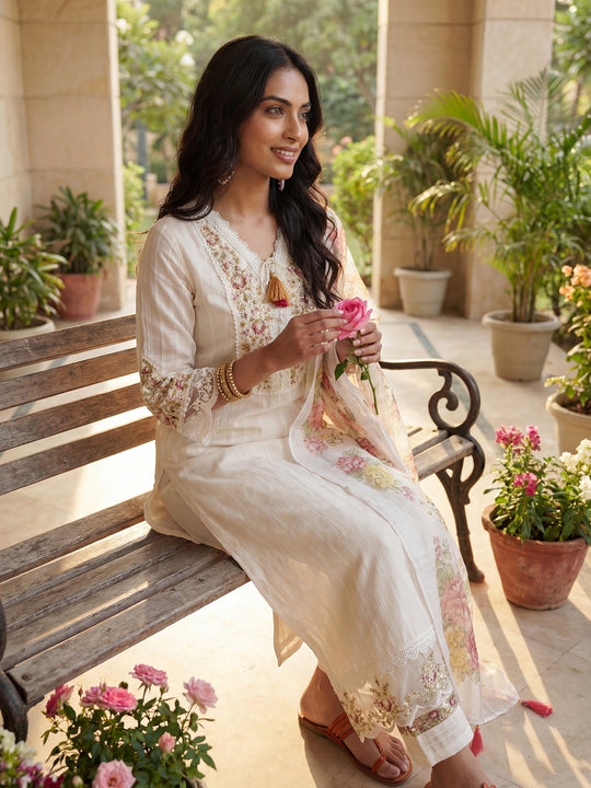 Indo Era White Embroidered Straight Kurta Trouser With Dupatta Set