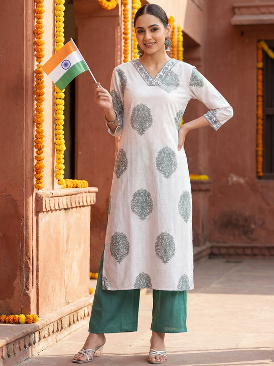 Indo Era White Printed Straight Kurtas