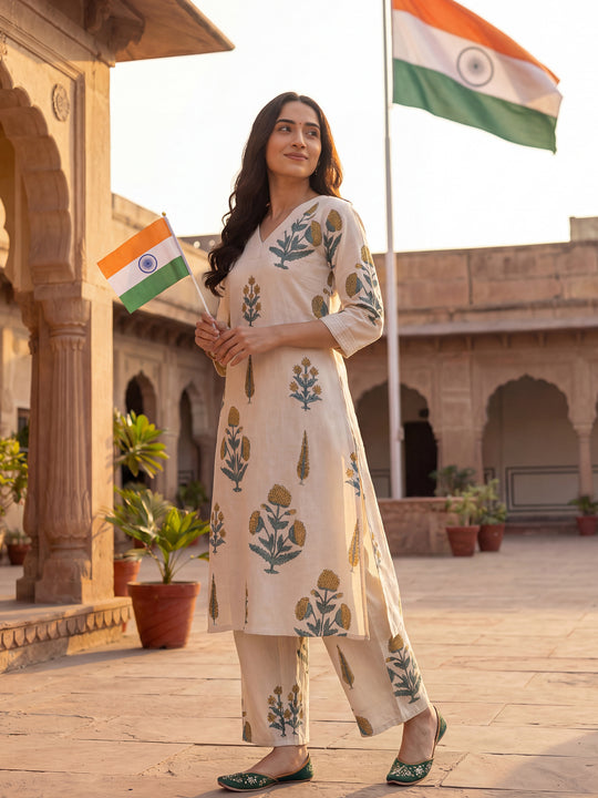 Indo Era White Printed A-Line Kurta Palazzos  Set