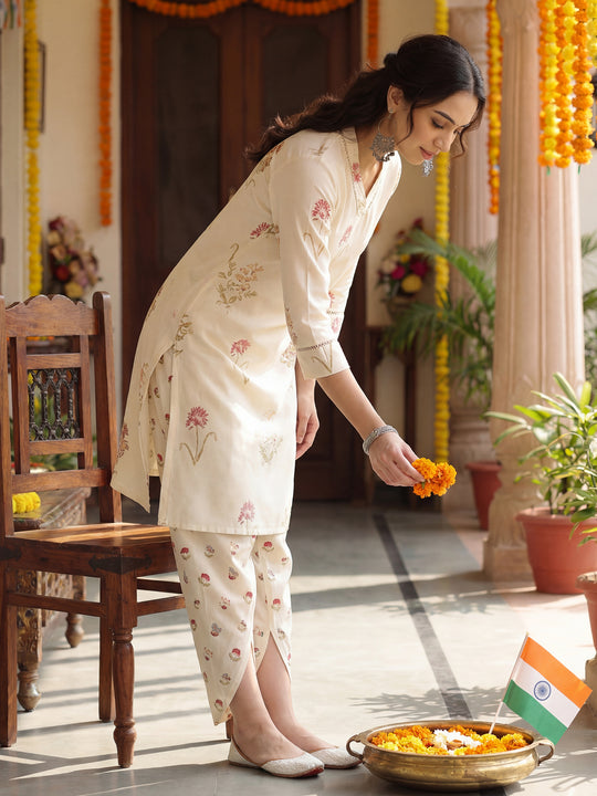 Off White Printed A Line Kurta Dhoti Pants set