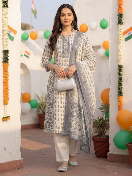 Indo Era Off White Printed Straight Kurta Trousers With Dupatta Set