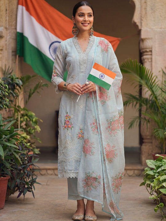 Blue Embroidered Straight Kurta Trousers With Dupatta Set