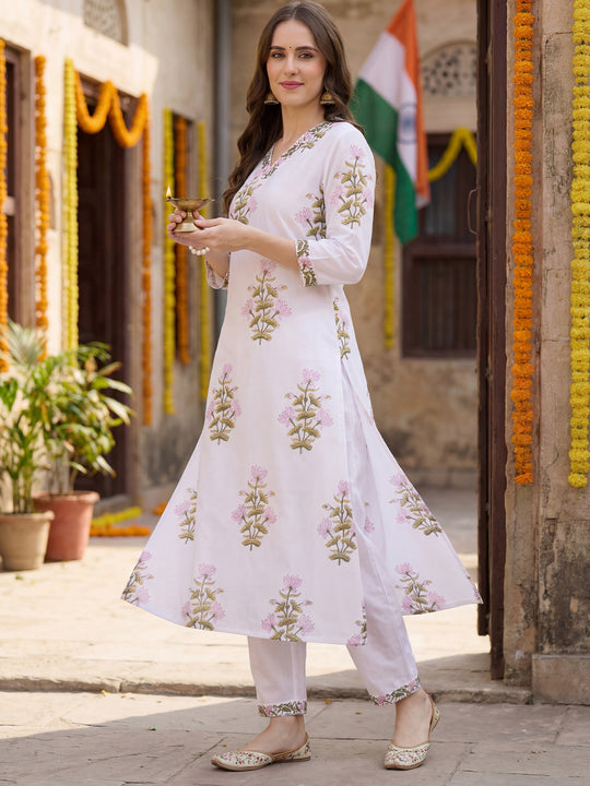 White Printed Pure Cotton A-Line Kurta Trouser Set