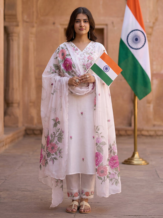 Indo Era Off White Embroidered Straight Kurta Trousers With Dupatta Set