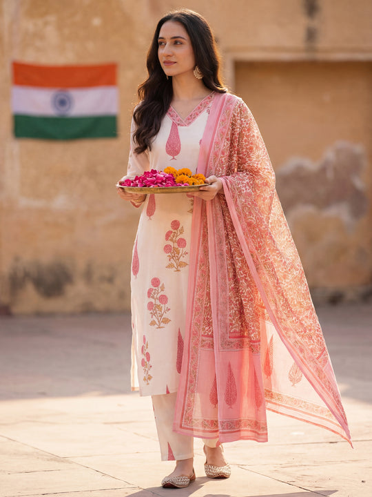 Indo Era Off White Printed Straight Kurta Trousers With Dupatta Set