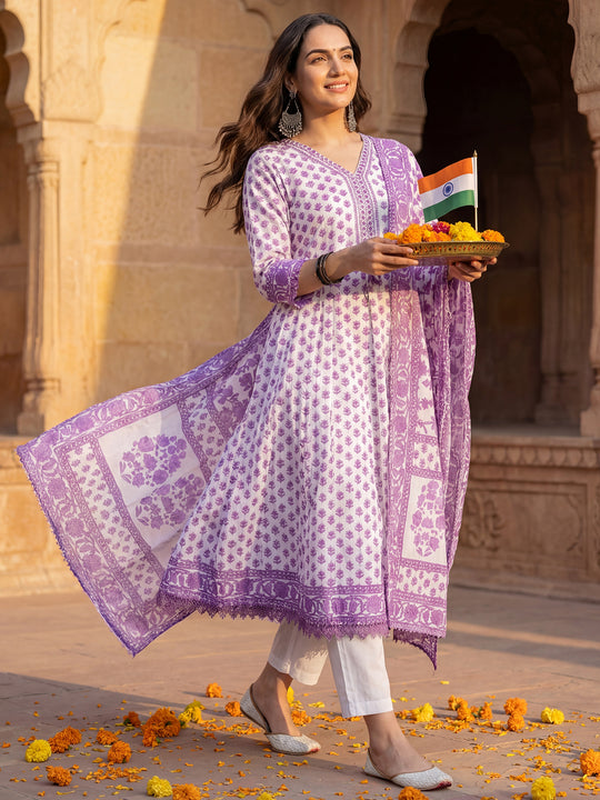 Indo Era White Printed Anarkali Kurta Trousers With Dupatta Set