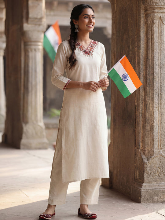Off White Embroidered Cotton Blend Straight Kurta Palazzo Set