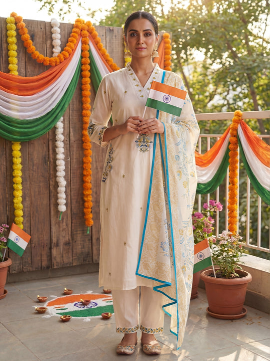 White Embroidered Pure Cotton Straight Kurta Sets With Dupatta